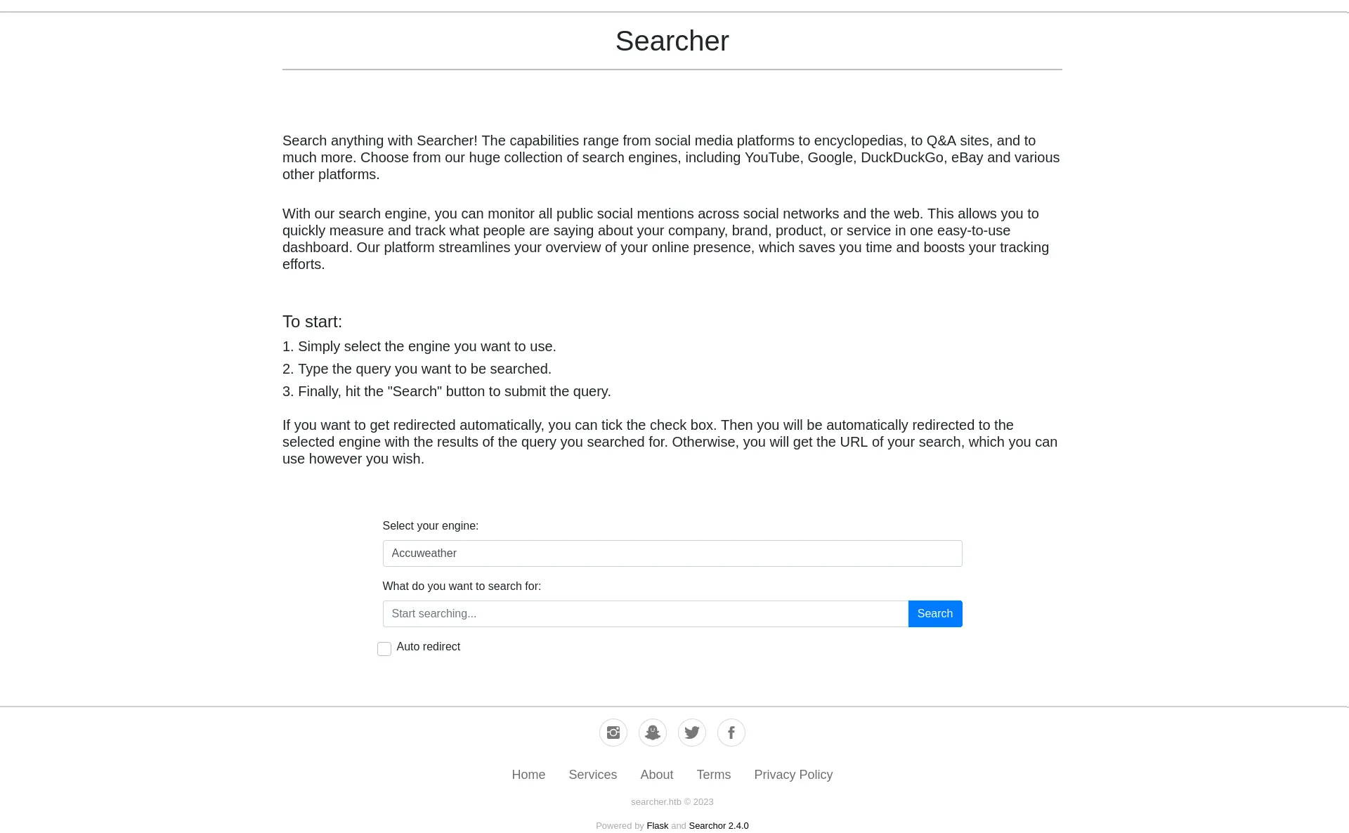 Searcher web application: a single search field above a row of engine buttons