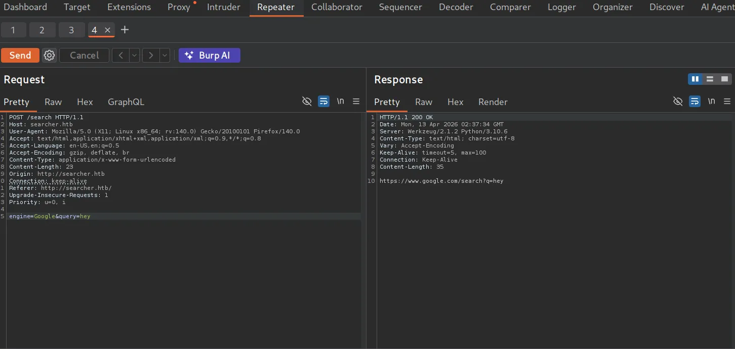 Burp Suite showing a POST to /search with engine and query fields in the request body