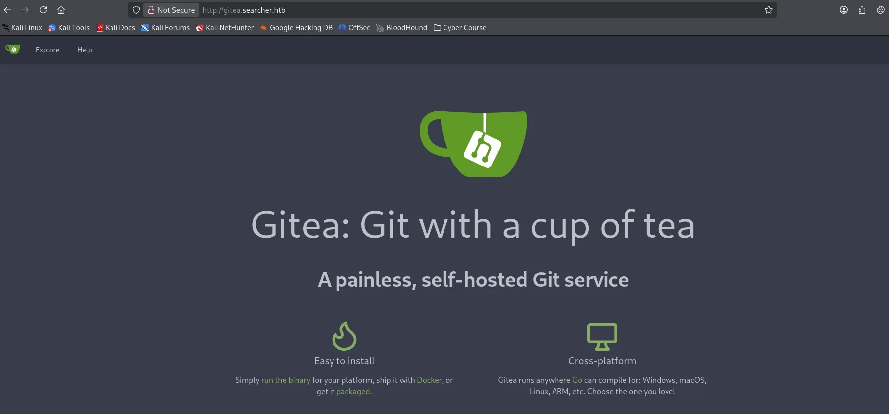 Gitea login screen for gitea.searcher.htb