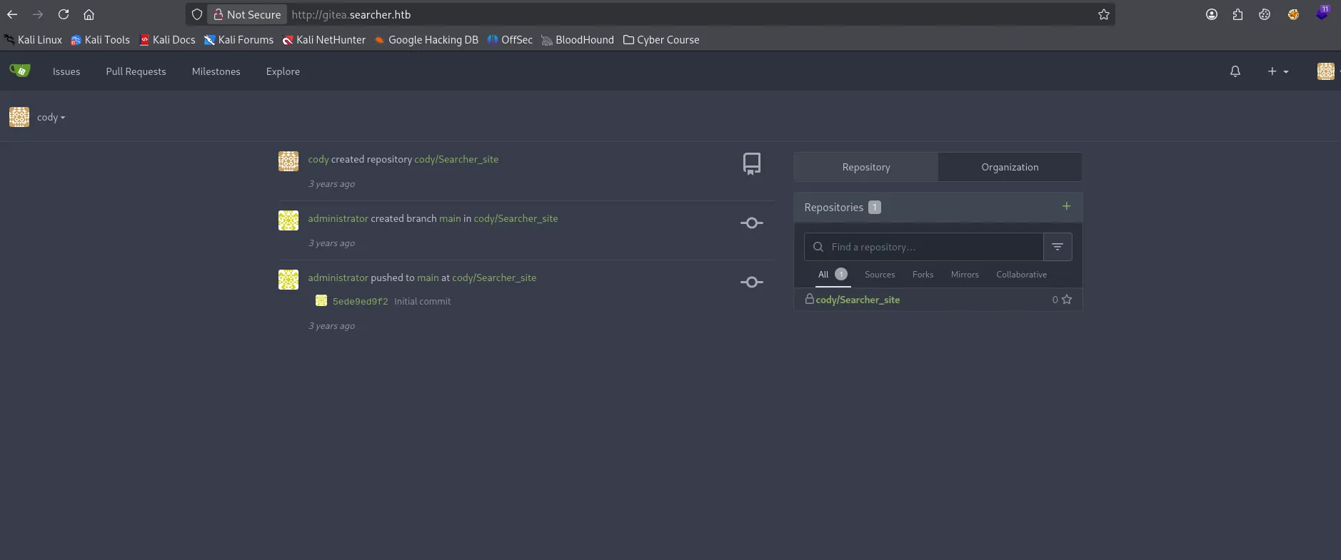 Gitea repository page listing the Searcher_site project files
