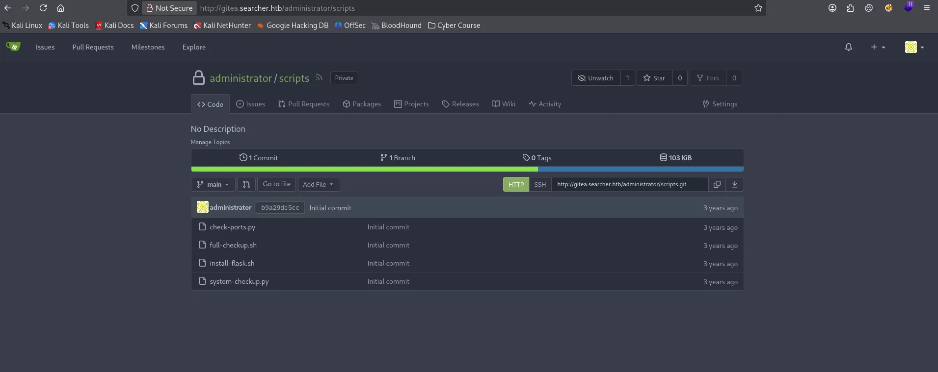Gitea dashboard signed in as the administrator account