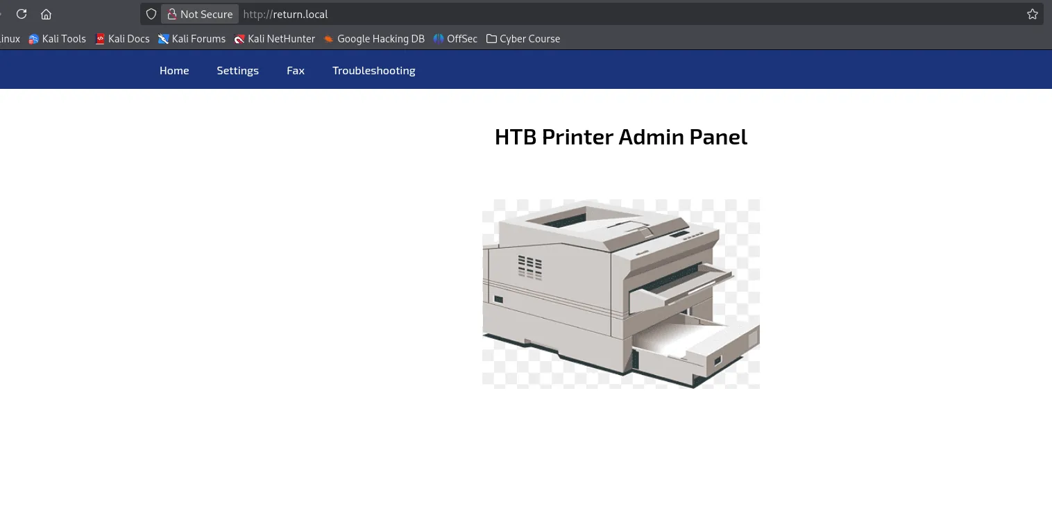 HTB Printer Admin Panel dashboard showing printer status, loaded without authentication