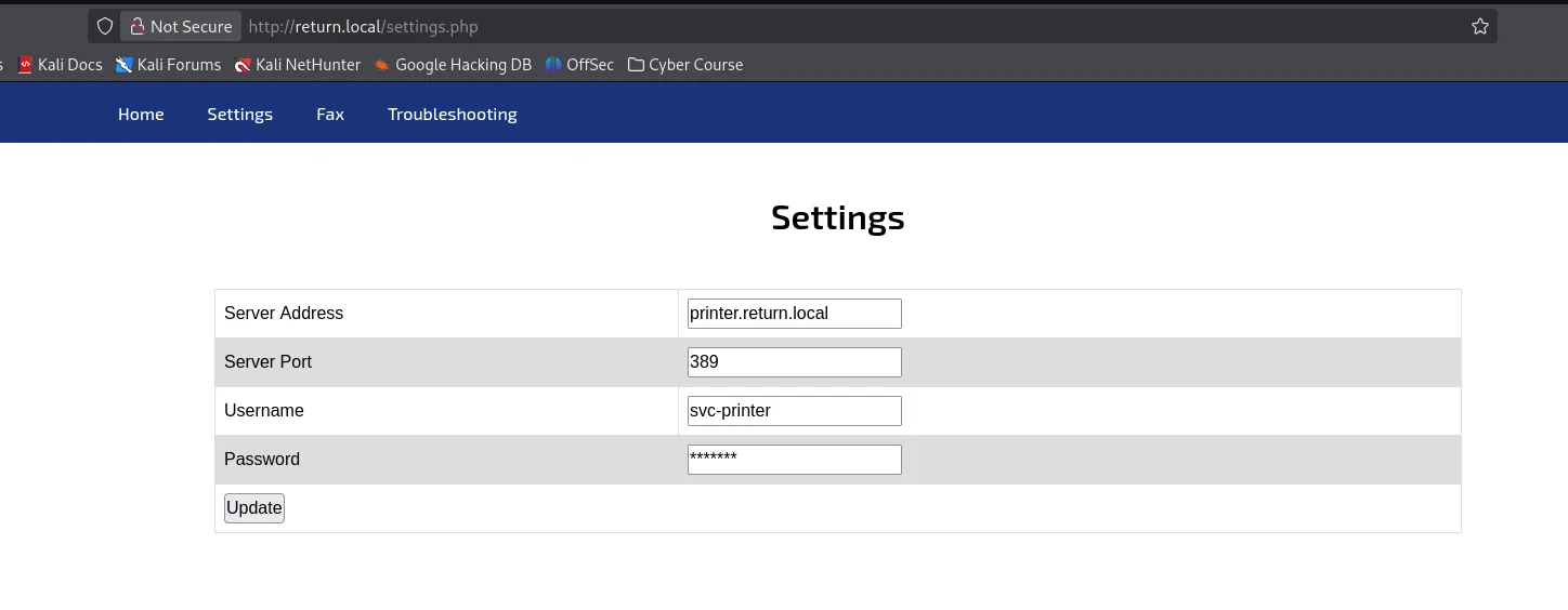 Printer admin panel Settings page showing a directory server address, the username svc-printer, and a masked password field