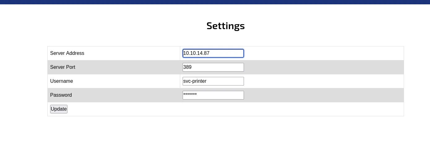 Printer Settings form with the directory server address changed to the attacker IP before saving